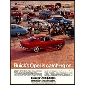 1967 Buick Opel Kadett Vintage Print Ad Beach Party Campfire Elephant Wall Art